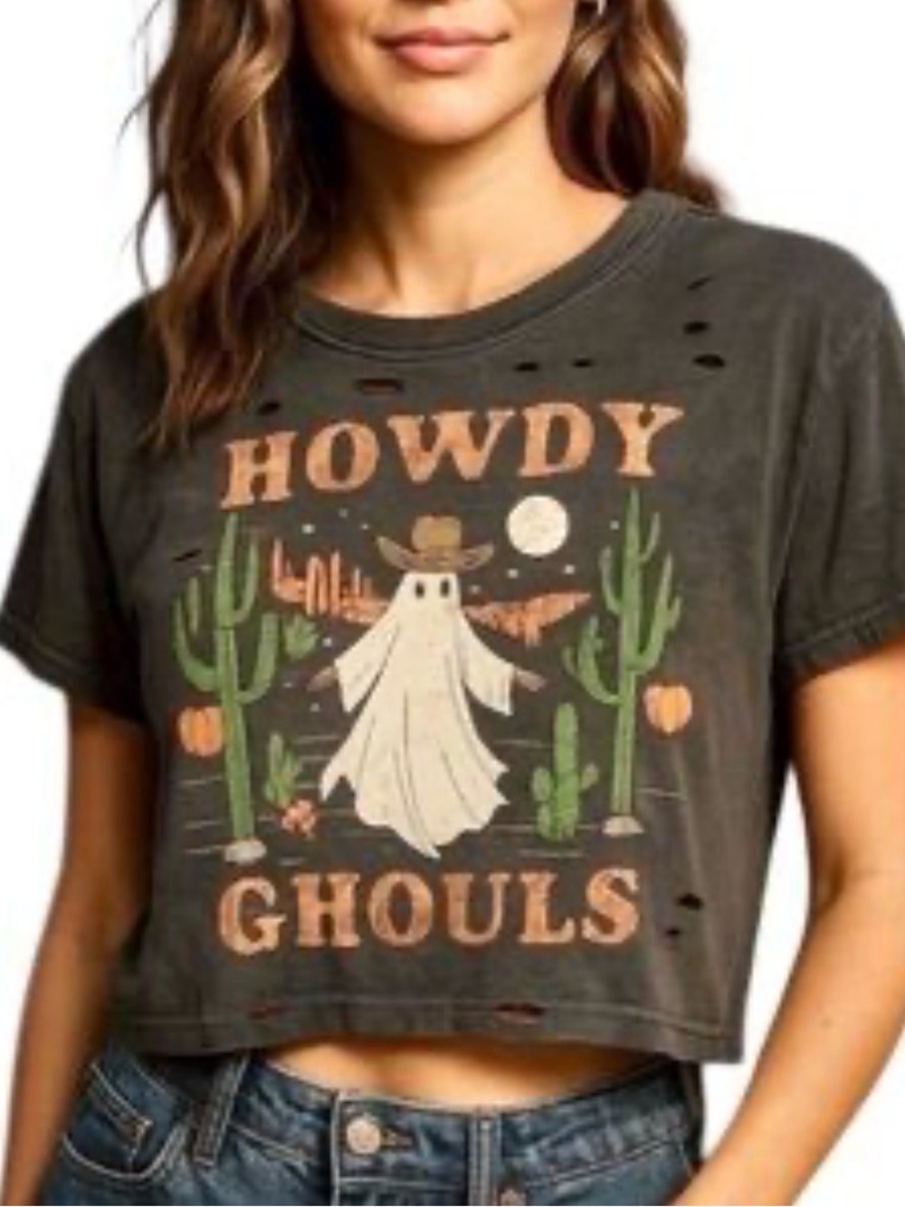 Howdy Ghouls Crop Top - Distressed Black Graphic Tee